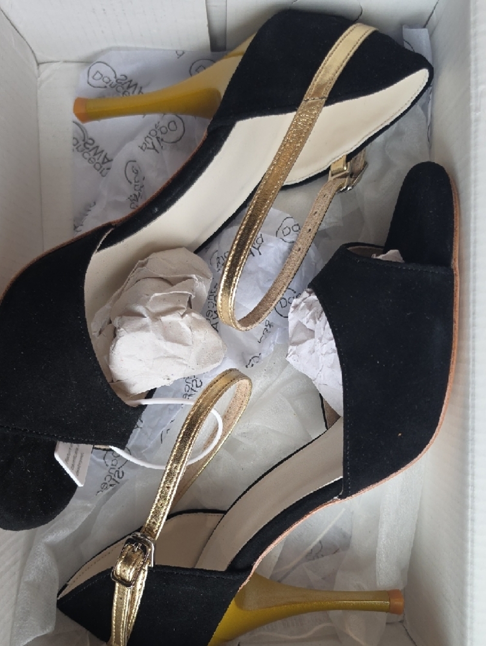 Black and Gold Open-Toe Ankle-Strap Heels - Picture 8 of 8